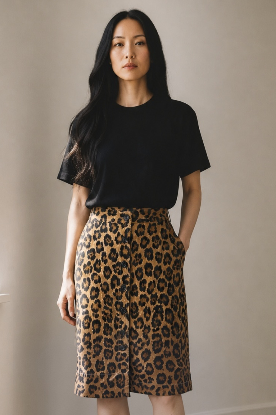 Lauren Ralph Lauren  Animal Leopard Print Button-Down Linen-Cotton Blend Skirt